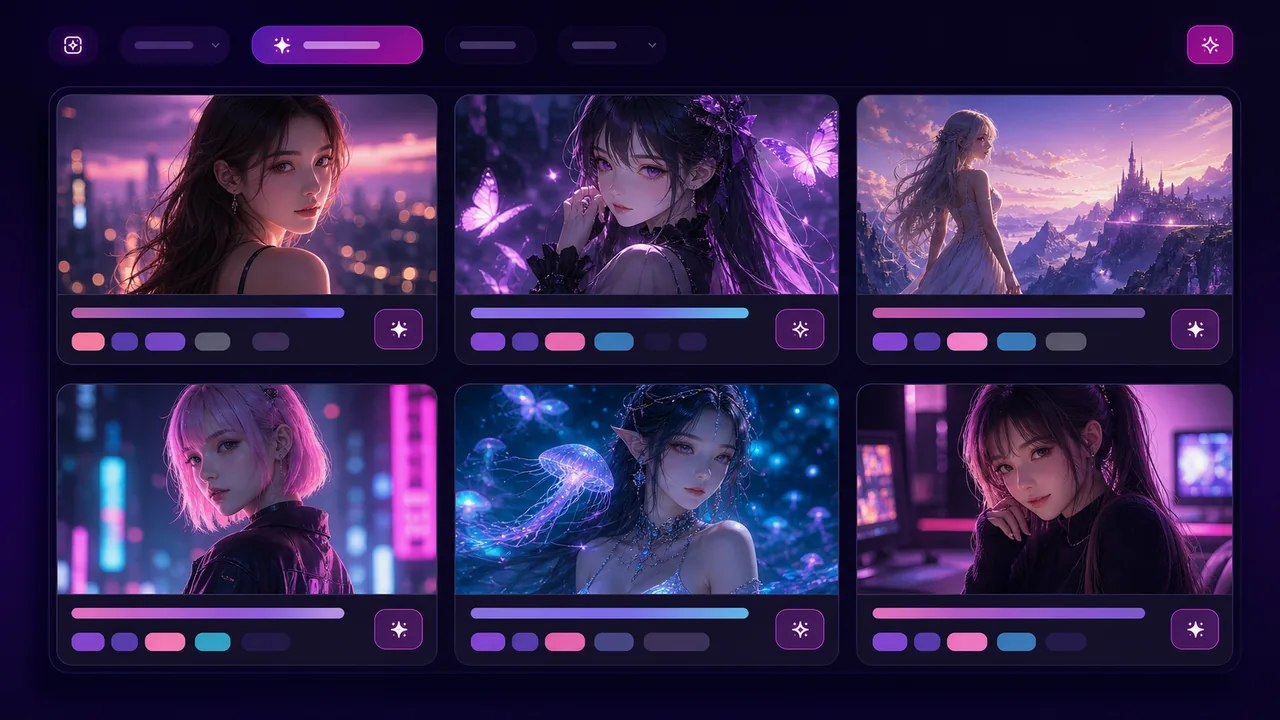 AI girlfriend image generator preview with anime and fantasy companion cards