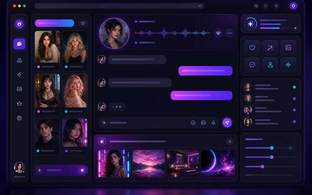 Nastia AI app interface preview with companion chat character cards and image generation tools
